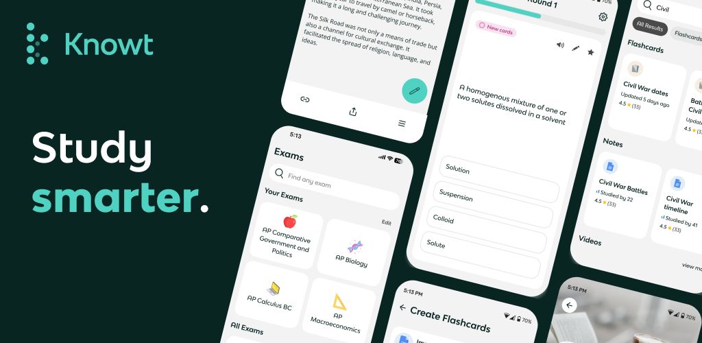 Screenshot of Knowt app interface showing AI-generated flashcards from uploaded PDF notes, highlighting key terms and spaced repetition schedule.