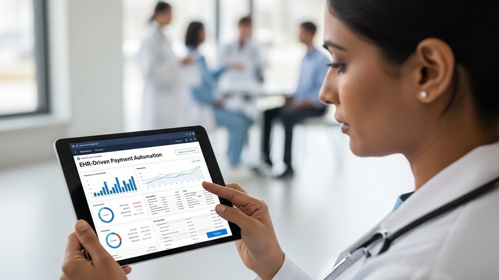 Diagram illustrating EHR-driven payment automation workflow from patient encounter to insurance reimbursement