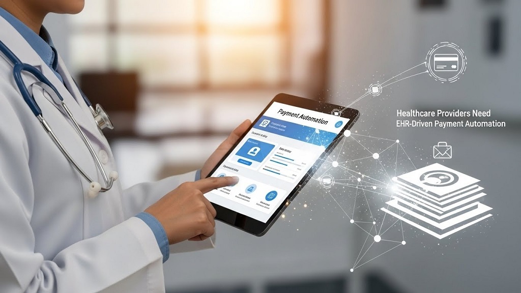 Healthcare provider reviewing automated EHR payment dashboard showing real-time claims status and revenue metrics