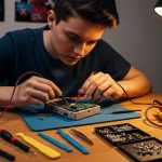 Gamer troubleshooting a retro handheld gaming device with tools on desk