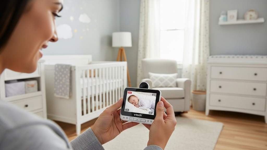 Parent viewing baby on VTech VM901 5-inch screen in nursery setting