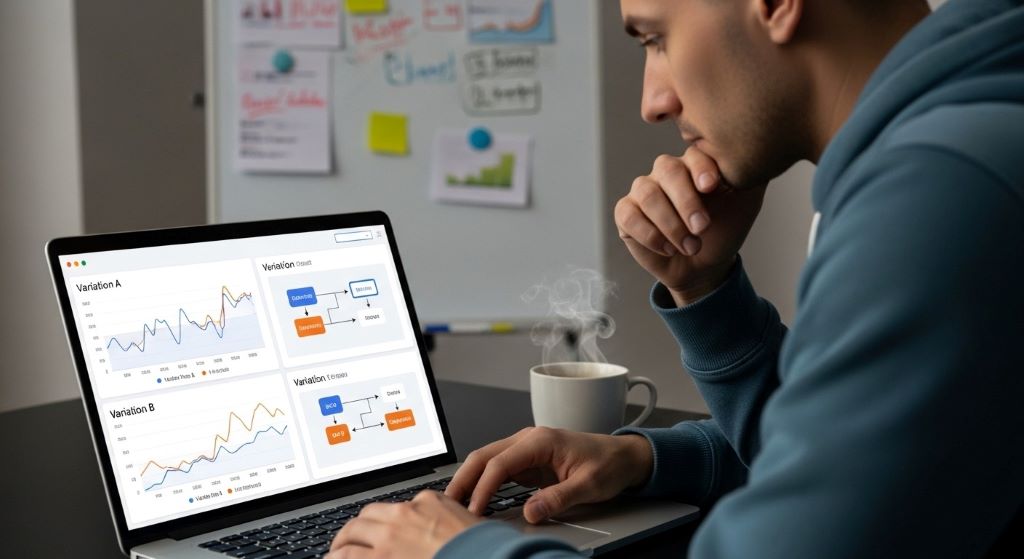 Developer reviewing A/B test results comparing two reactive component variations with conversion rate graphs and user flow diagrams