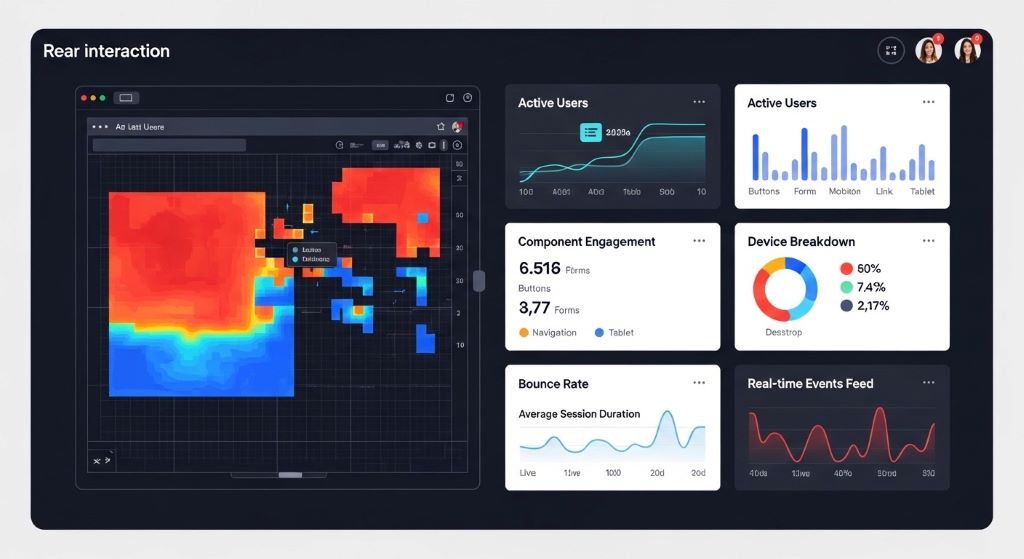 Dashboard showing real-time user interaction analytics from reactive web application with component engagement metrics and heat maps