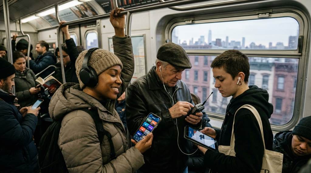 Busy New York City commuters listening to satellite radio in traffic during winter snowfall