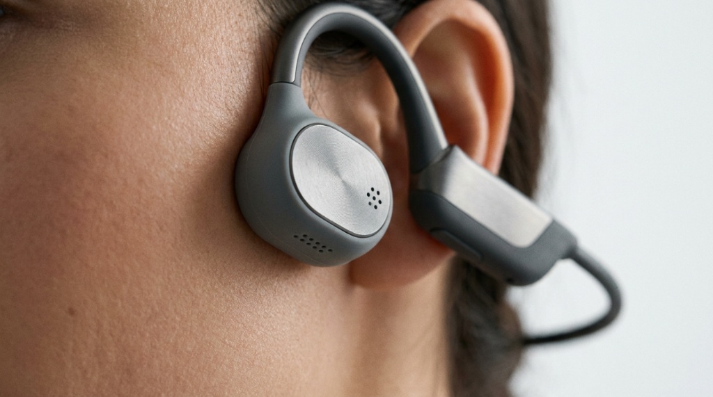 Black waterproof bone conduction headphones resting on a sleek surface with water droplets.