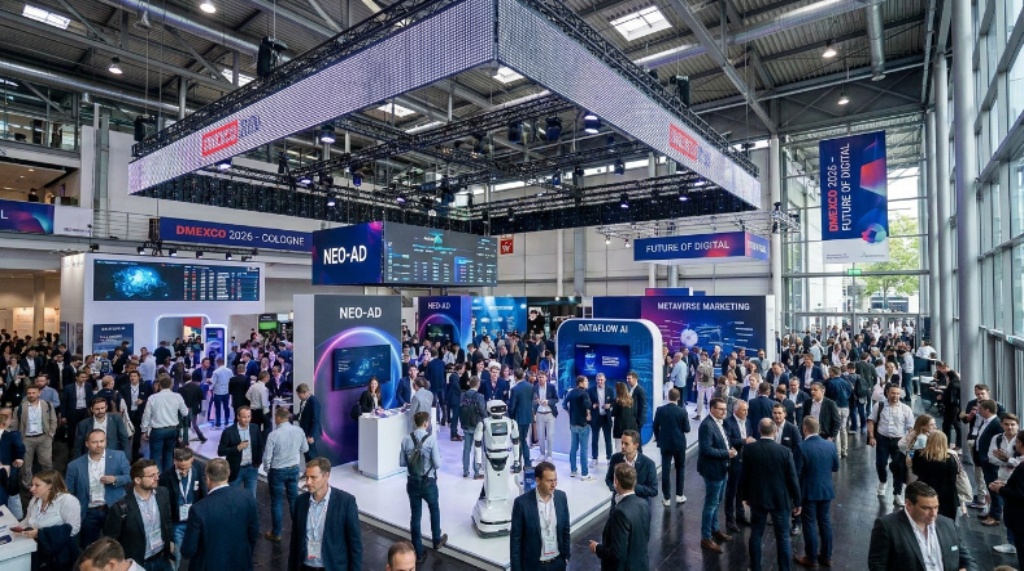 Packed exhibition hall at DMEXCO 2026 in Cologne's Koelnmesse, with visitors exploring digital marketing and technology stands under bright overhead lighting