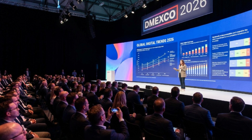 Speaker presenting on stage at DMEXCO 2026 in Cologne, Germany, with a large display screen showing digital marketing data and insights to a seated audience