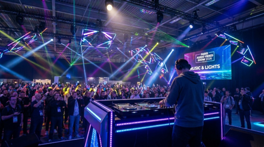 DJ performance and lighting display at the Paris Audio Video Show 2026 Music and Lights section