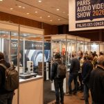 Visitors exploring hi-fi audio equipment at the Paris Audio Video Show 2026 inside the Palais des Congrès de Paris