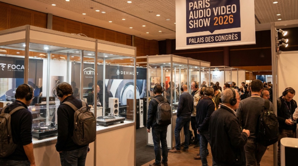 Visitors exploring hi-fi audio equipment at the Paris Audio Video Show 2026 inside the Palais des Congrès de Paris