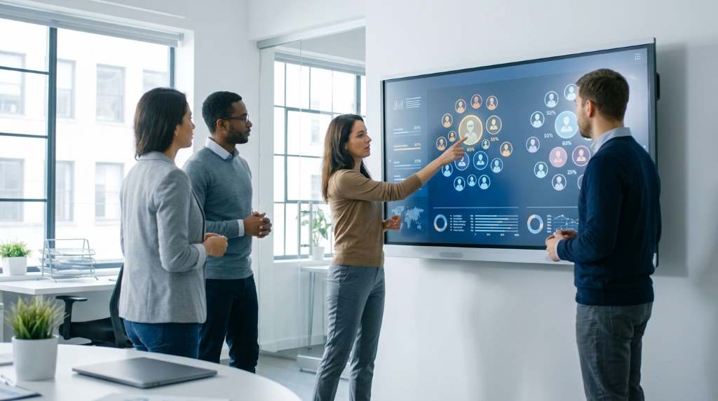 Technology startup employees collaborating with AI workforce tools