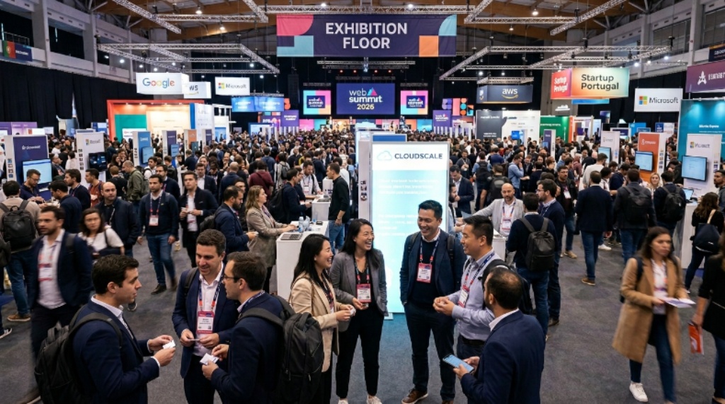 Crowds of tech professionals networking on the exhibition floor at Web Summit Lisbon 2026