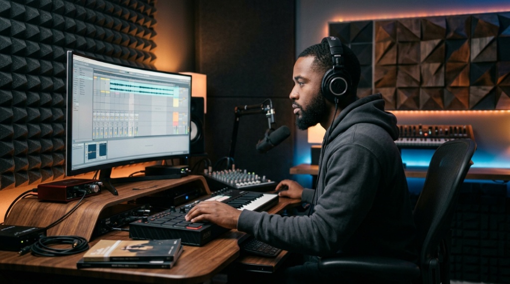 Music producer wearing over-ear headphones while mixing tracks in a studio. 