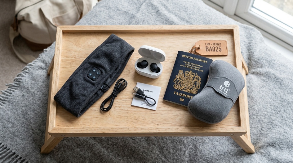 A person packing a compact fabric sleep headband into carry-on luggage.