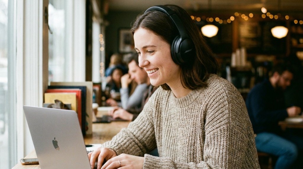 A woman wearing Bose QuietComfort headphones while working on her laptop in a cafe.