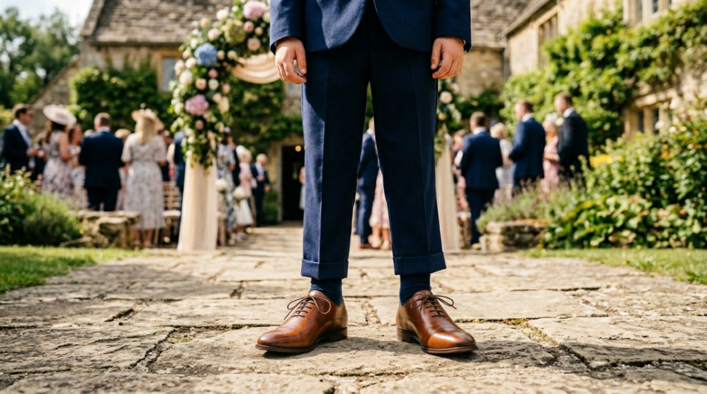 Young boy wearing polished brown leather oxford shoes standing outside a wedding venue