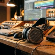 Premium studio headphones resting on an audio console in a home recording studio.