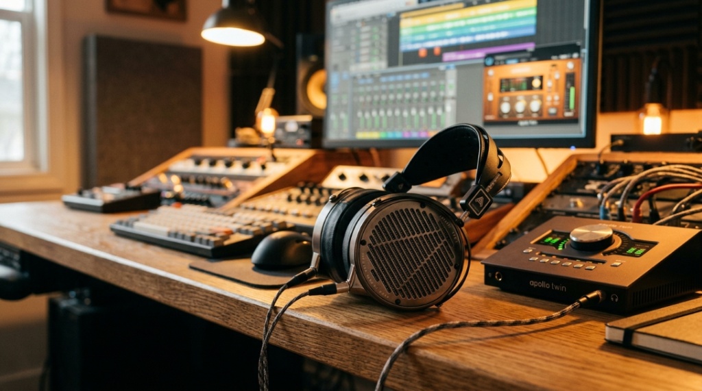 Premium studio headphones resting on an audio console in a home recording studio.