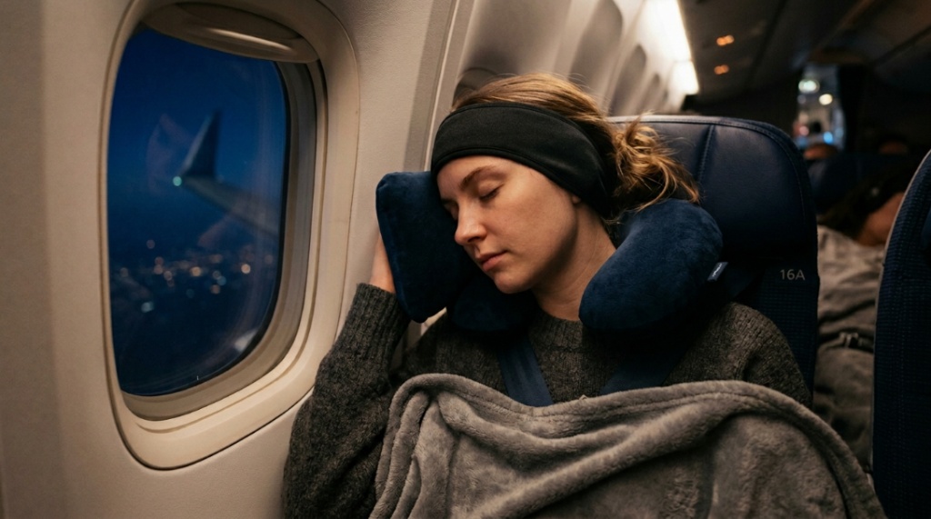 A passenger sleeping comfortably on a plane wearing soft sleep headphones.