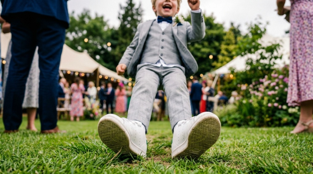 Young boy running on green grass wearing clean white wedding sneakers