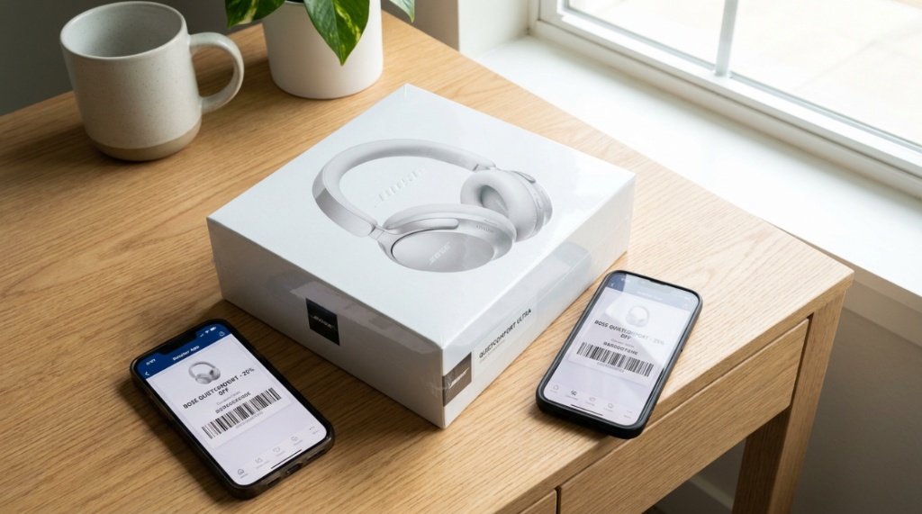 Bose QuietComfort headphones box on a desk next to a discount code on a phone.