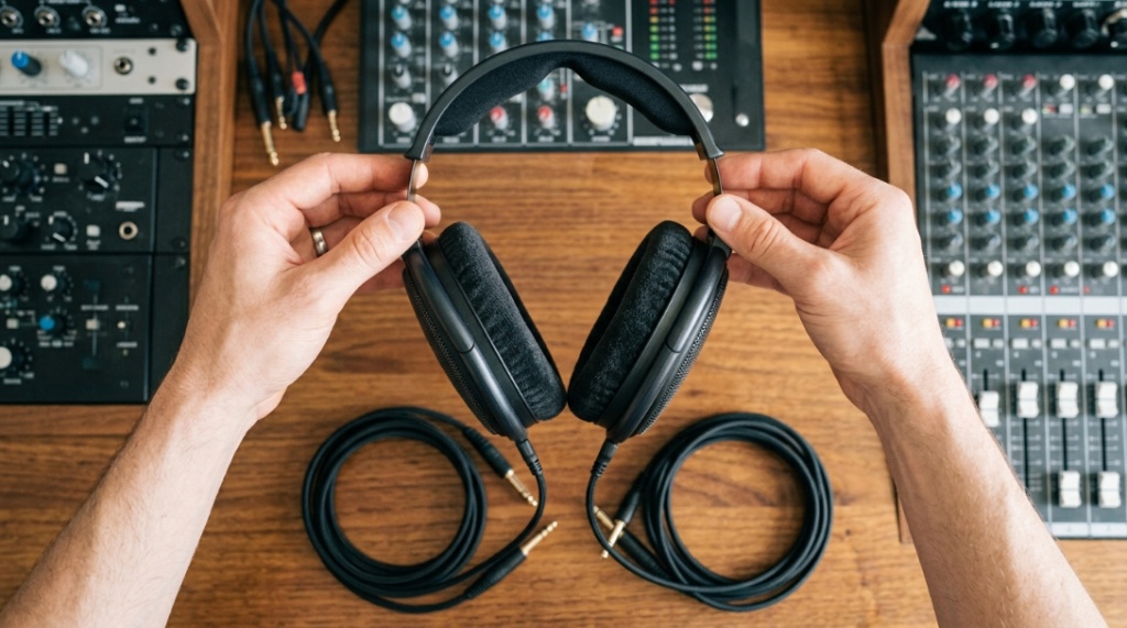 Close-up of comfortable plush earcups on professional audio monitoring headphones.Close-up of comfortable plush earcups on professional audio monitoring headphones.