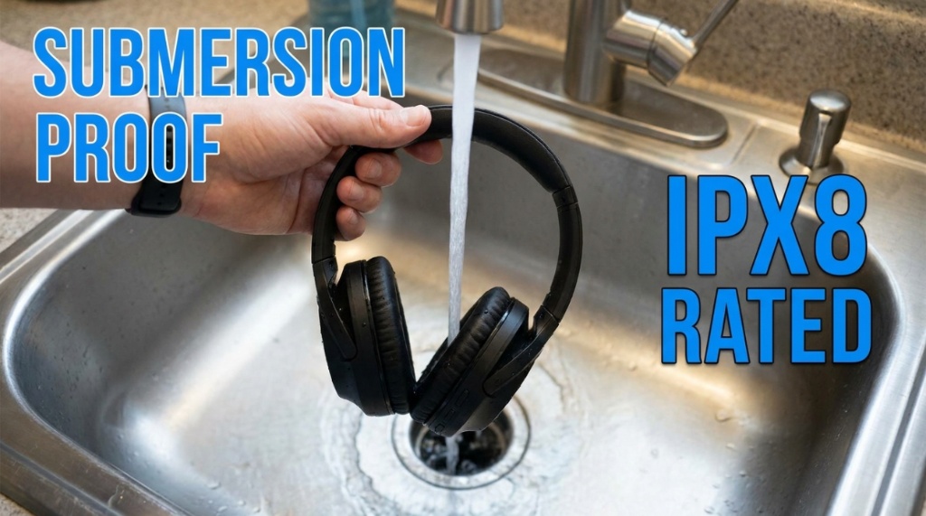 Waterproof bone conduction headphones being submerged under splashing water.