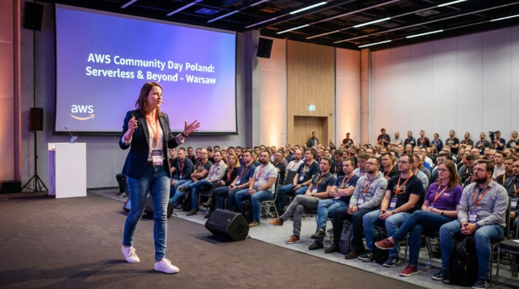 AWS expert speaker presenting a cloud session at AWS Community Day Poland