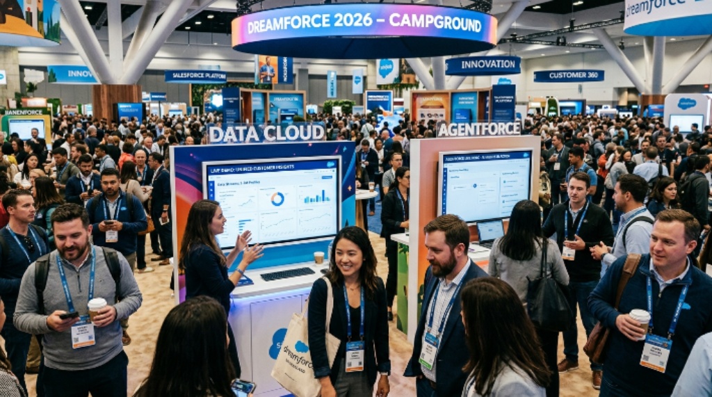 Attendees networking and exploring live Agentforce and Data Cloud demos at the Dreamforce 2026 Campground inside Moscone Center San Francisco.""Attendees networking and exploring live Agentforce and Data Cloud demos at the Dreamforce 2026 Campground inside Moscone Center San Francisco