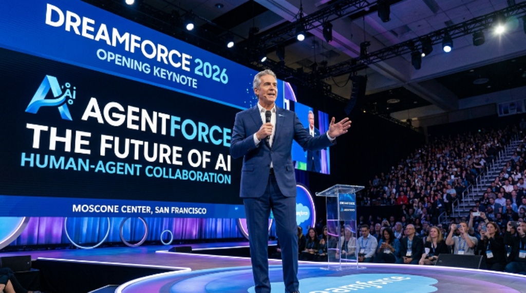 Marc Benioff delivering the Dreamforce 2026 opening keynote on stage at the Moscone Center in San Francisco with Agentforce branding behind him