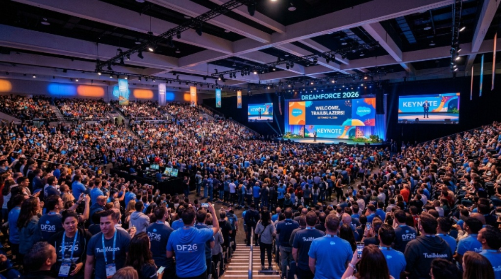 "Tens of thousands of Salesforce Trailblazers filling the Moscone Center main keynote hall during Dreamforce 2026 in San Francisco on September 15