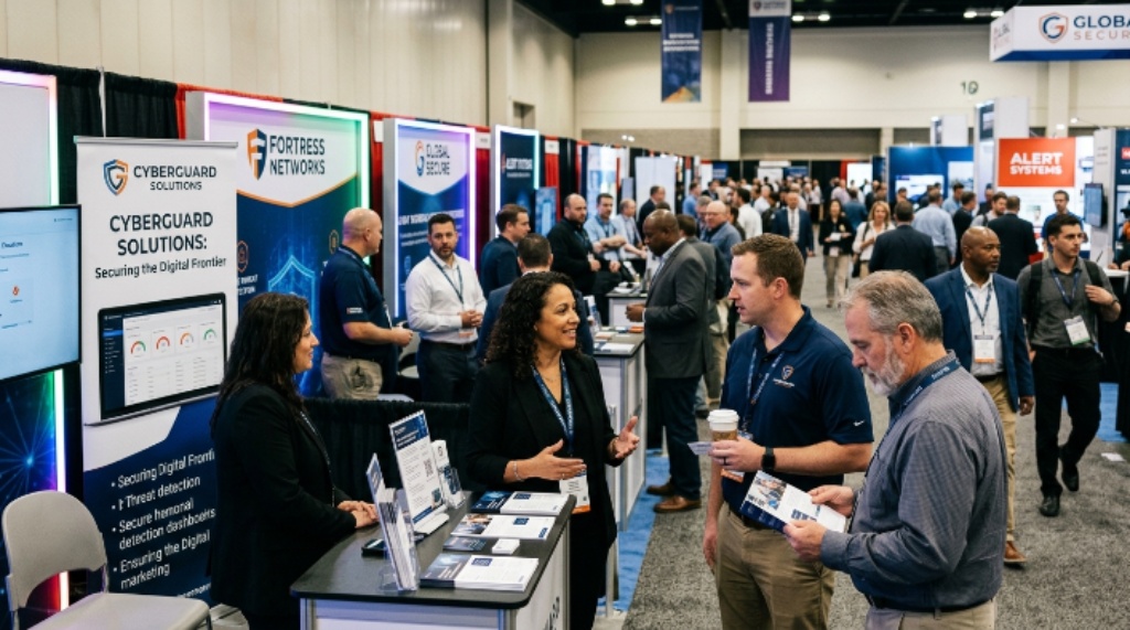 Security professionals networking at expo hall booths