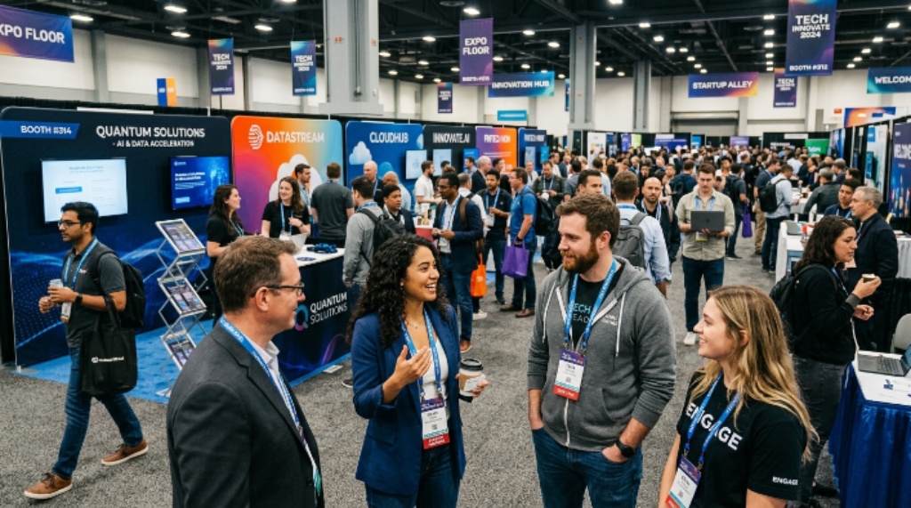 Attendees networking on the expo floor at a tech startup conference