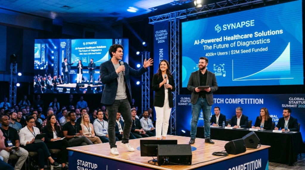 Startup founders pitching on stage during a pitch competition