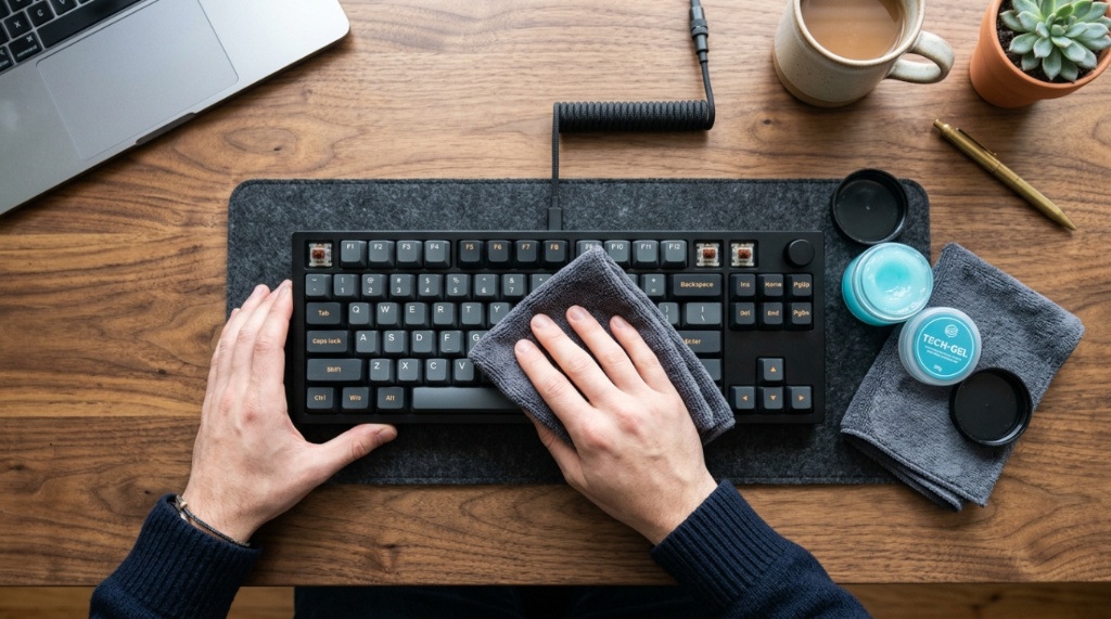 Person cleaning a mechanical keyboard with gel and a cloth on a wooden desk.