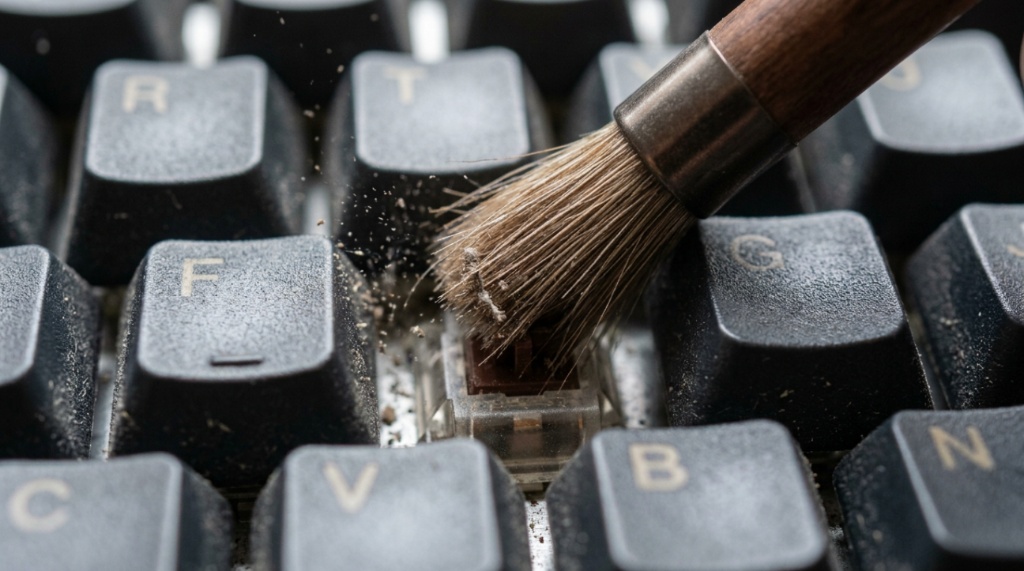 Soft brush cleaning dust from between mechanical keyboard keys.