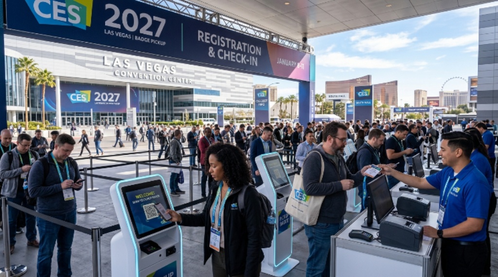 Attendees at CES 2027 in Las Vegas registering at the badge pickup station outside the convention center