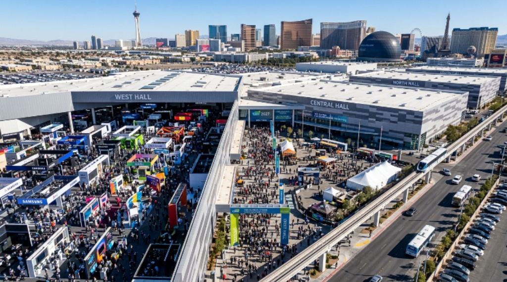 Aerial view of the Las Vegas Convention Center during CES 2027 with crowds of tech professionals on the exhibit floor