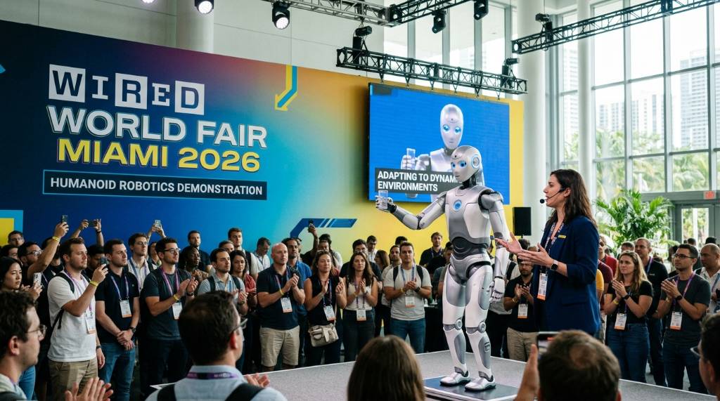 Humanoid robot demonstration at WIRED World Fair 2026 technology event in Miami