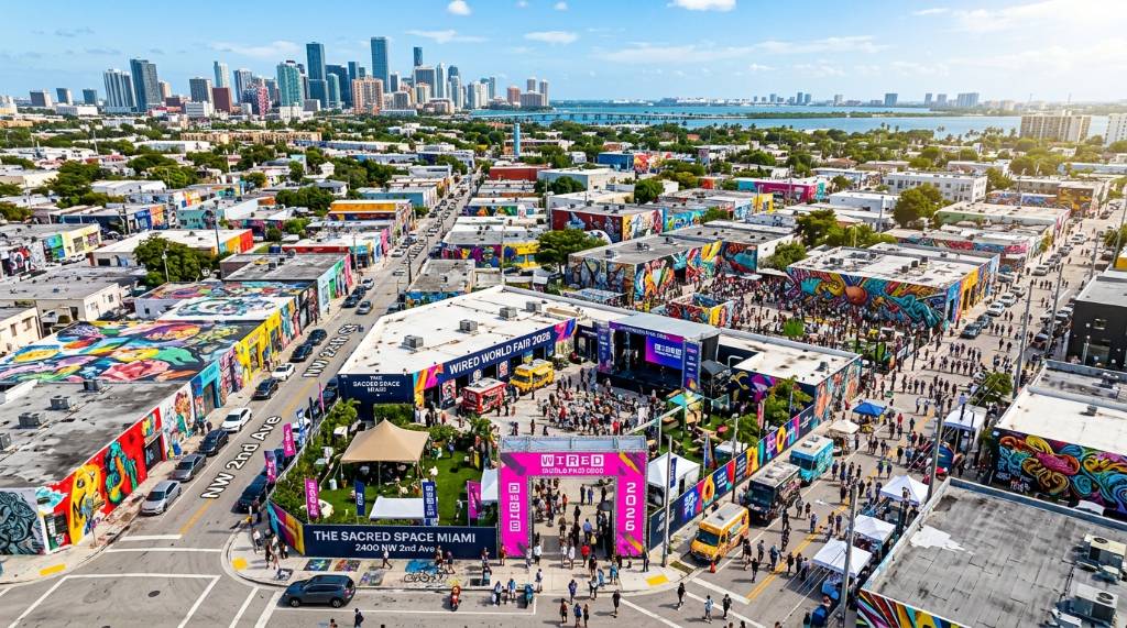 Aerial view of Miami's Wynwood district with colorful murals and The Sacred Space venue for WIRED World Fair 2026