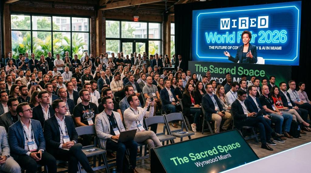 Crowd of technology professionals attending WIRED World Fair 2026 sessions at The Sacred Space Wynwood Miami
