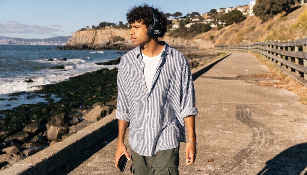 Man wearing JBL wireless headphones walking under sunny California palm trees.
