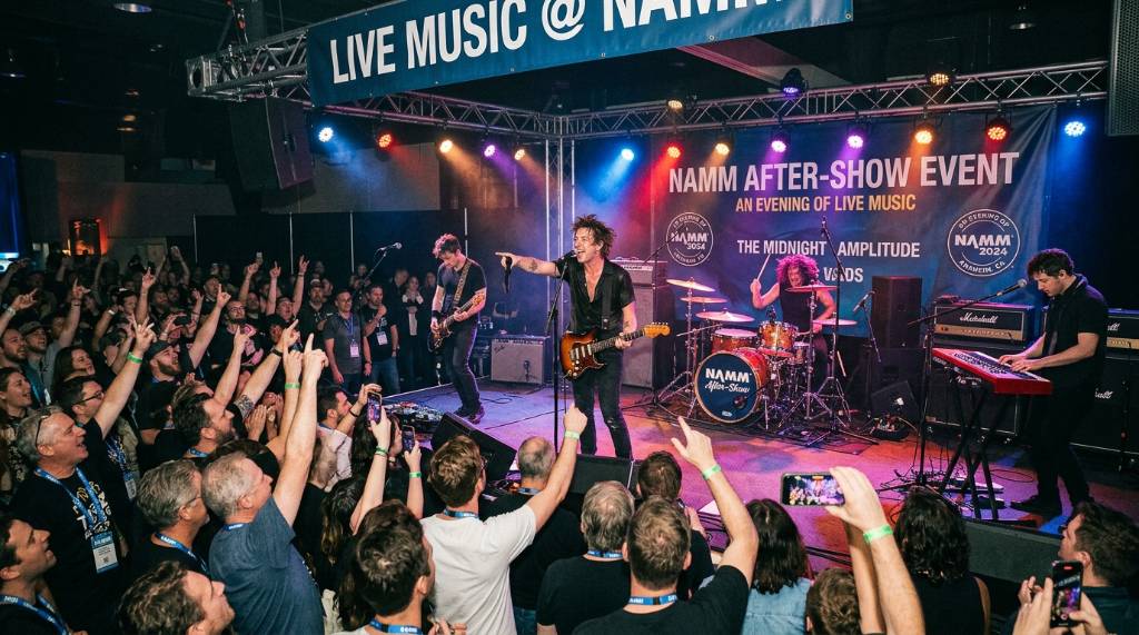 Live concert performance at NAMM after-show event with musicians on stage and audience