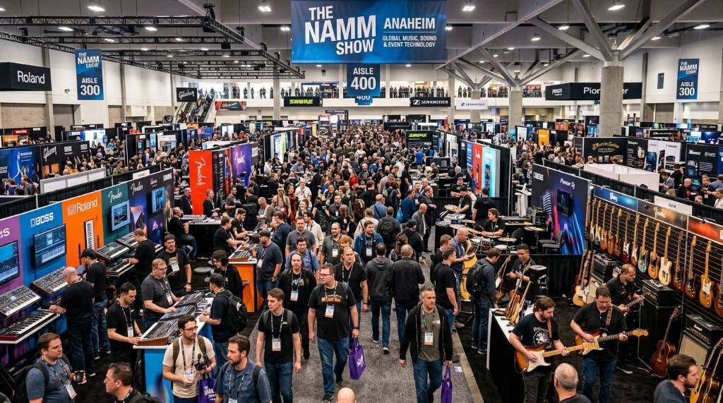 Crowded NAMM Show floor filled with music gear exhibitors and attendees at Anaheim Convention Center