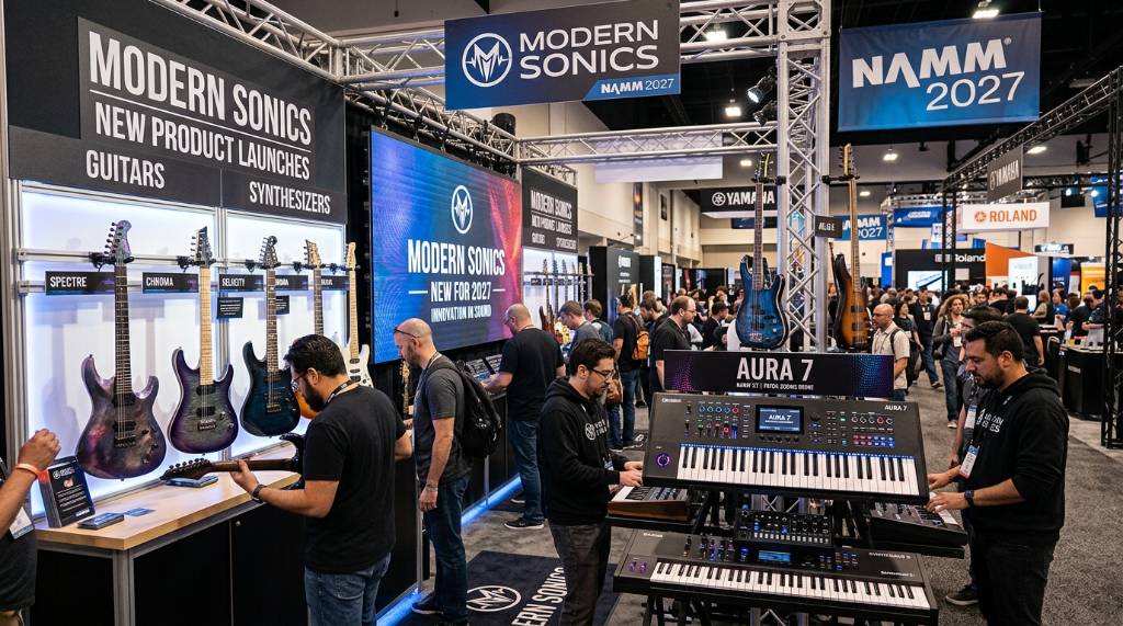 New guitars and synthesizers on display at NAMM 2027 product launch exhibition booth